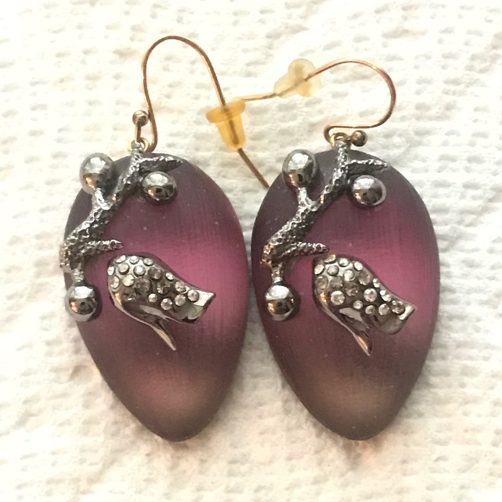 Alexis Bittar burgundy lucite Teardrop Earrings w/ crystals in gunmetal setting - Picture 2 of 7